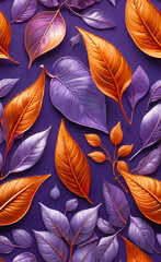 Abstract beautiful background with gold, red and blue leaves on a lilac background, floral pattern,	
