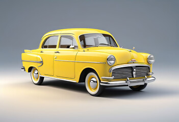3d illustration of a retro vintage yellow car model, cute car isolated on white background,