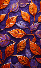 Abstract beautiful background with gold, red and blue leaves on a lilac background, floral pattern,