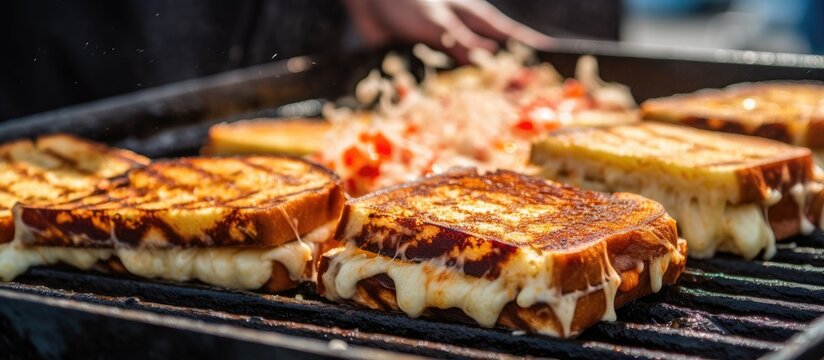 Grilled cheese bars are being cooked on a greasy grill plate at a summer food festival. The food is sizzling and browning as it cooks, emitting delicious aromas. The chef is carefully flipping the
