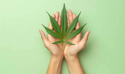 Hands holding green hemp marijuana leaf, pastel green background. Alternative treatment concept. - obrazy, fototapety, plakaty