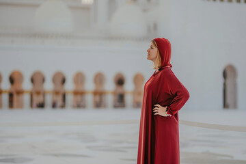 Dubai,  Unite dArab Emirates - October 19, 2019 - Profile of a woman in a red dress and headscarf...