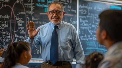A seasoned educator discusses complex topics with students in front of a chalkboard filled with formulas.