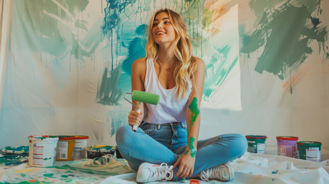A smiling woman sits on the floor with a paint roller in her hand, surrounded by paint cans and brushes.