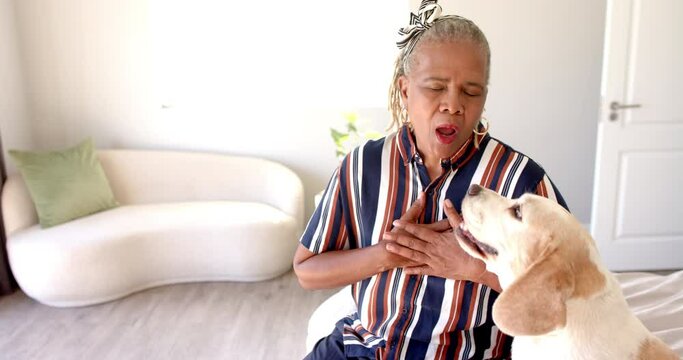 An African American senior woman is having chest pains or heart attack with her dog at home