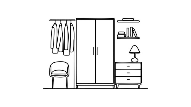 recommend clip art: Wardrobe in continuous line art drawing style. Classical style free-standing closet for storing clothes minimalist black linear sketch isolated on white background. Vector illustration.