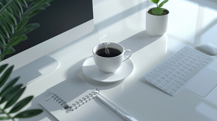 A cup of coffee sits amongst office essentials on a white desk.