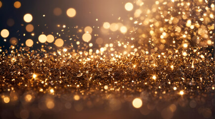 Fototapeta na wymiar Glowing golden Glittering bokeh background. Luxury backdrop for holiday banners, posters, cards