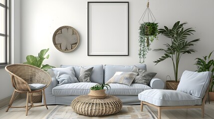 Modern living room with two square frame mockup, gray color sofa and interior decoration. 3d rendering, interior design, 3d illustration ai generated