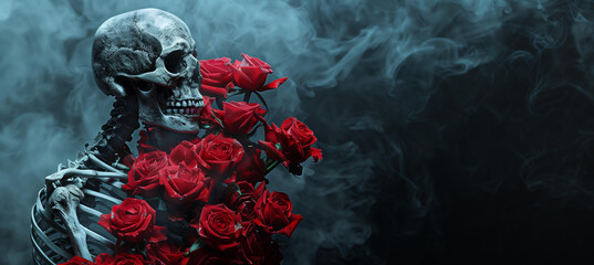 skeleton with red roses in smoke on a black background, dramatic light. mystical dark romance image for Dia de los muertos or Halloween