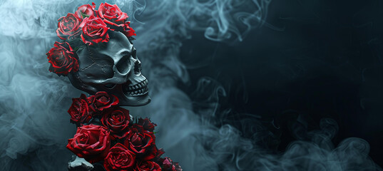 skeleton with red roses in smoke on a black background, dramatic light. mystical dark romance image for Dia de los muertos or Halloween