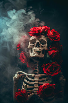 skeleton with red roses in smoke on a black background, dramatic light. mystical dark romance image for Dia de los muertos or Halloween