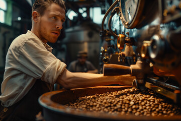 A coffee roaster inspecting freshly roasted coffee beans. Engineering a coffee machine with beans...