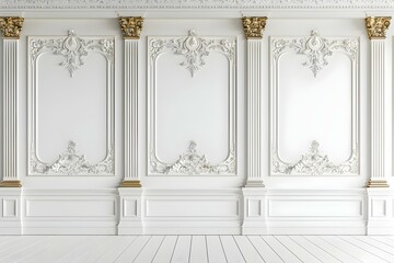 Elegant and Sophisticated Luxurious White Panel with Ornate Gold and White Moldings. Concept Luxury Home Decor, Elegant Design, White and Gold Accents, Ornate Molding