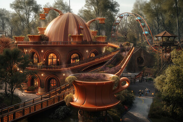 A coffee-themed amusement park with roller coasters shaped like espresso cups and a giant Ferris wheel made of coffee beans. Ferris wheel in the backdrop, teacup in the forefront - obrazy, fototapety, plakaty
