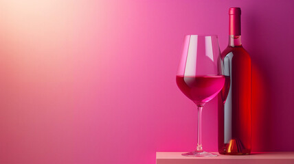 Bottle of wine and wine glass concept background design. Alcohol drink poster. Wine creative poster wallpaper. Raster bitmap digital illustration. AI artwork.