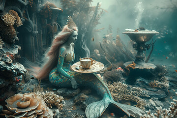 A surreal underwater world where mermaids serve cups of coffee brewed from underwater volcanic vents. A mermaid enjoys tea at a table underwater, a scene of environmental art - obrazy, fototapety, plakaty