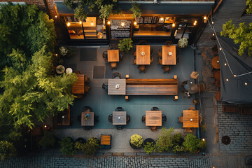 Aerial view of a trendy coffee shop in a vibrant urban neighborhood. Urban design with tables and chairs outside restaurant building