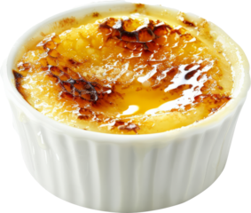 Crème brûlée with caramelized sugar topping in ramekin, cut out transparent