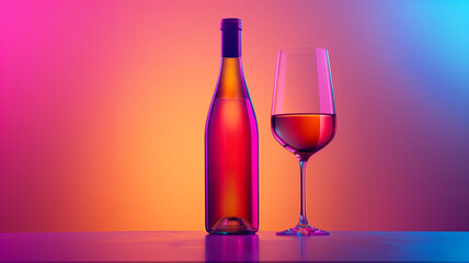 Bottle of wine and wine glass concept background design. Alcohol drink poster. Wine creative poster wallpaper. Raster bitmap digital illustration. 