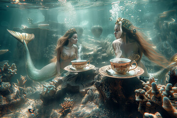 A surreal underwater world where mermaids serve cups of coffee brewed from underwater volcanic vents. Two mermaids enjoying tea underwater in a unique aquatic art event - obrazy, fototapety, plakaty