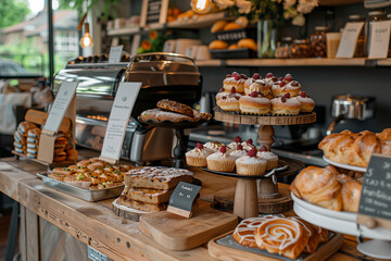Coffee shop counter with a selection of freshly baked pastries. Variety of pastries showcased at bakery, including sweet and savory options - obrazy, fototapety, plakaty