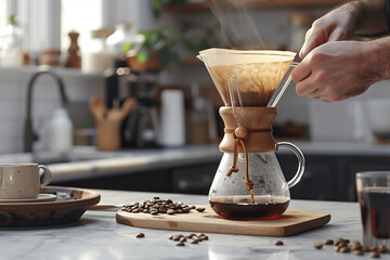 Person using a Chemex coffee maker to brew pour-over coffee . A person is pouring coffee into a chemex coffee maker - obrazy, fototapety, plakaty