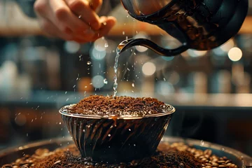  Person pouring hot water over coffee grounds in a pour-over cone. Adding water to coffee beans in a bowl to prepare a drink © ivlianna