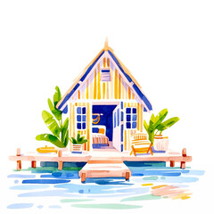 Tropical island watercolor illustration, stranded Caribbean beach hut, sand sea shore, palm trees, landscape view, lost ocean land summer vacation paradise concept. Cartoon tropical island png