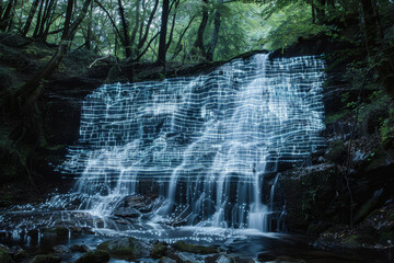 A waterfall with a blue and green glow