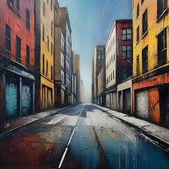 Fototapeta premium Graffiti-style painting of a city street with an urban look and textured surfaces - generated by ai