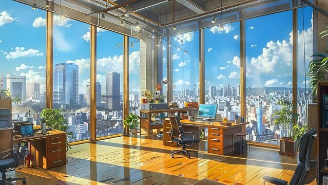 Urban panorama seen from a room with a cityscape view. Seamless Looping 4k Video Animation