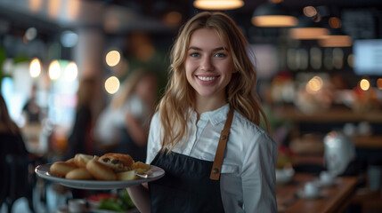 Young woman waitress with an apron holding a food plate and smiling in a restaurant
