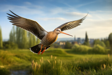 Colorful black-tailed godwit (Limosa limosa) meadow bird landing in a protected flowering meadow...