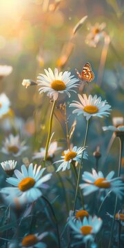 Beautiful wild flowers daisies and butterfly in morning cool haze in nature spring close-up macro. Delightful airy artistic image beauty summer nature