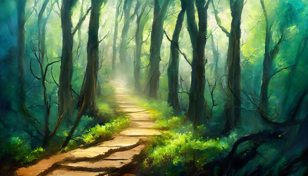 Oil painting of spooky forest with path and foggy atmosphere. Misty woods Wild nature. Hand drawn art.