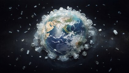 Planet Earth surrounded by plastic waste. Eco concept. Earth Day. For banners, posters, eco companies, postcards, promotion