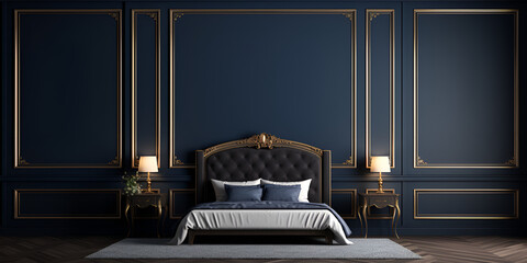 Um quarto azul escuro com uma cama e um candeeiro na parede. - obrazy, fototapety, plakaty
