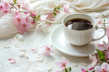 Morning cup of coffee with pink flowers on textured light background. Hot drink with spring flowers. Romantic breakfast for Women's or Valentine day. Design for menu, poster, banner, greeting card