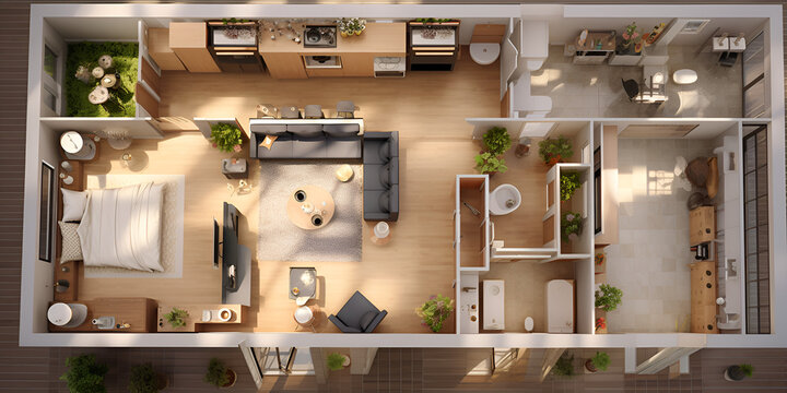 Plano de planta de una vista superior de la casa ilustraci&oacute;n 3d dise&ntilde;o de casa de estar de concepto, 