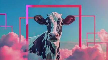 Optical illusion piece featuring a cow within a digital frame and VR elements - obrazy, fototapety, plakaty
