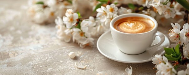 Obraz na płótnie Canvas Morning cup of coffee with white flowers on textured light background. Hot drink with spring flowers. Romantic breakfast for Women's or Valentine day. Design for menu, poster, banner, greeting card