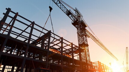 A powerful crane dominates the foreground of this realistic image, with the framework of a high rise building ascending into the clear, blue sky behind it.