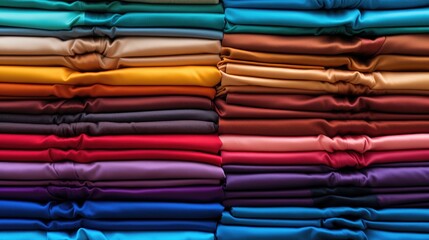 The texture of the fabric in close-up. Fabric samples of different colors are collected in a stack for selection.