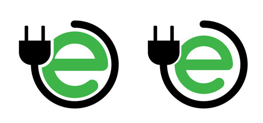 Electric Car Charging or vehicle Chargers. Green E, car charging plug for Hybrid Eco cars. Cartoon green bio or eco power icon or symbol with car. Car plug. - obrazy, fototapety, plakaty
