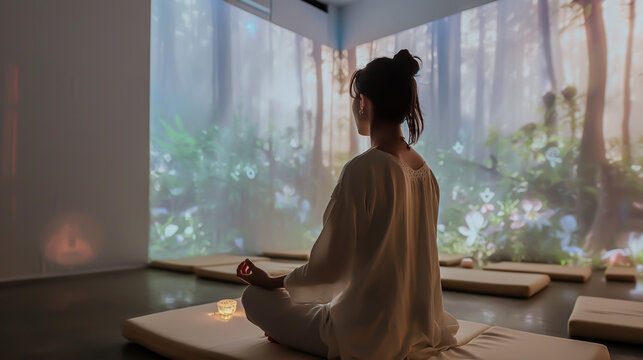 An innovative technology-driven space with customizable settings for personalized meditation practices.