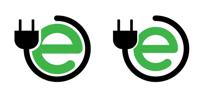 Electric Car Charging or vehicle Chargers. Green E, car charging plug for Hybrid Eco cars. Cartoon green bio or eco power icon or symbol with car. Car plug.