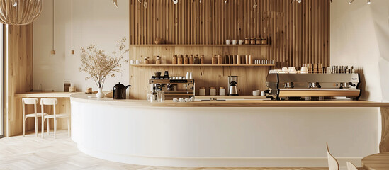 white modern interior design of coffee shop cafe with use wooden round corner concept and coffee machinenery 