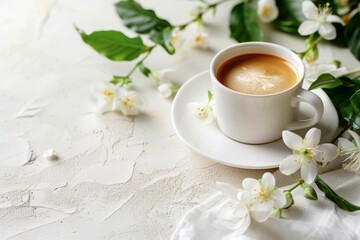 Morning cup of coffee with white flowers on textured light background. Hot drink with spring...