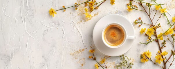 Morning cup of coffee with yellow flowers on textured white background. Hot drink with spring...